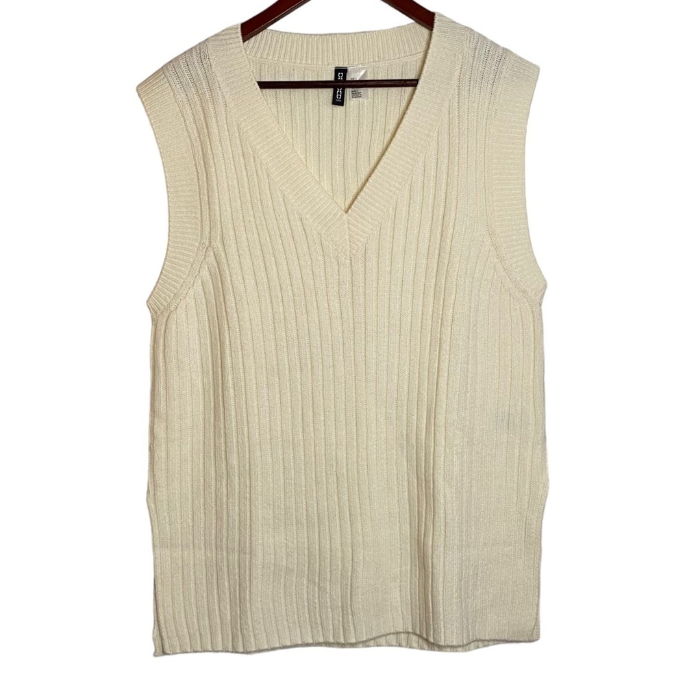 Divided H&M Cream Sweater Vest Ribbed V Neck Split Hem Acrylic Small Oversized
